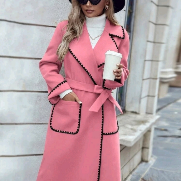 Lapel Neck Binding Belted Overcoat - Picture 7 of 9